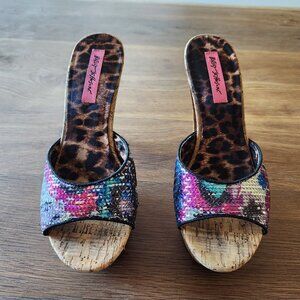 Betsey Johnson cork platform mules heels size 10